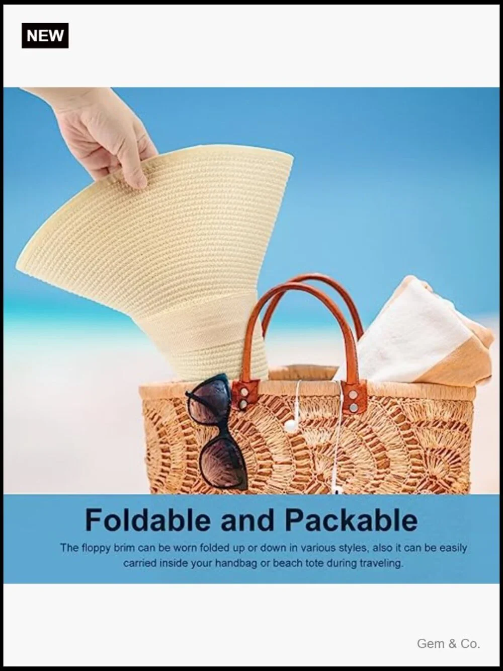 Wide Brim Floppy Straw Sun Hat - UPF 50+ Foldable Roll Up Style